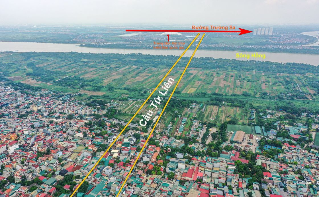 Toàn cảnh khu vực xây cầu Tứ Liên bắc qua sông Hồng và sông Đuống