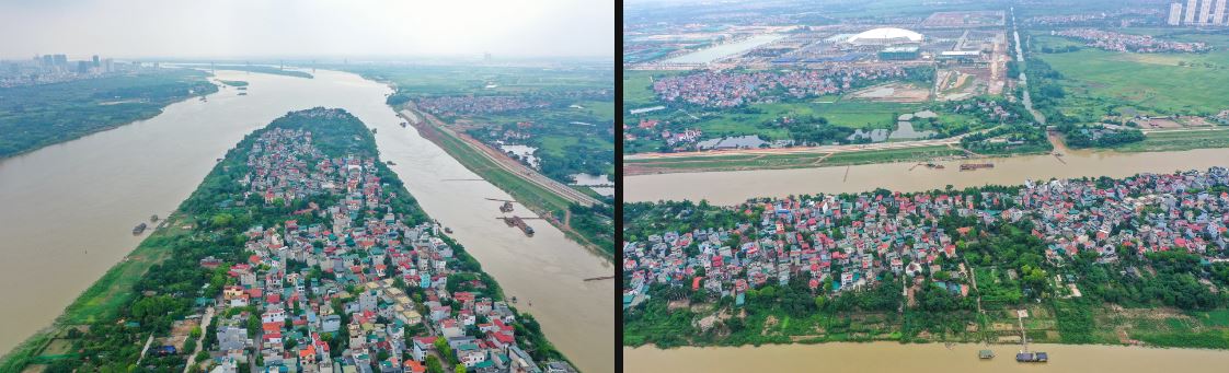 Toàn cảnh khu vực xây cầu Tứ Liên bắc qua sông Hồng và sông Đuống